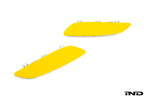 IND Painted Front Reflector Set for the BMW E90, E92, and E93 M3 in Speed Yellow (B06), shown on a white background using genuine BMW reflector cores and OEM paint codes.
