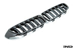 IND Carbon Fiber Front Grille Set for BMW F80 M3 and F82/F83 M4 featuring 2x2 carbon fiber surrounds with OEM BMW grille slats on a white background.