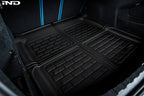 3D MAXpider G80 M3 all-weather cargo mat inside vehicle showing textured rubber surface and raised edges for protection.