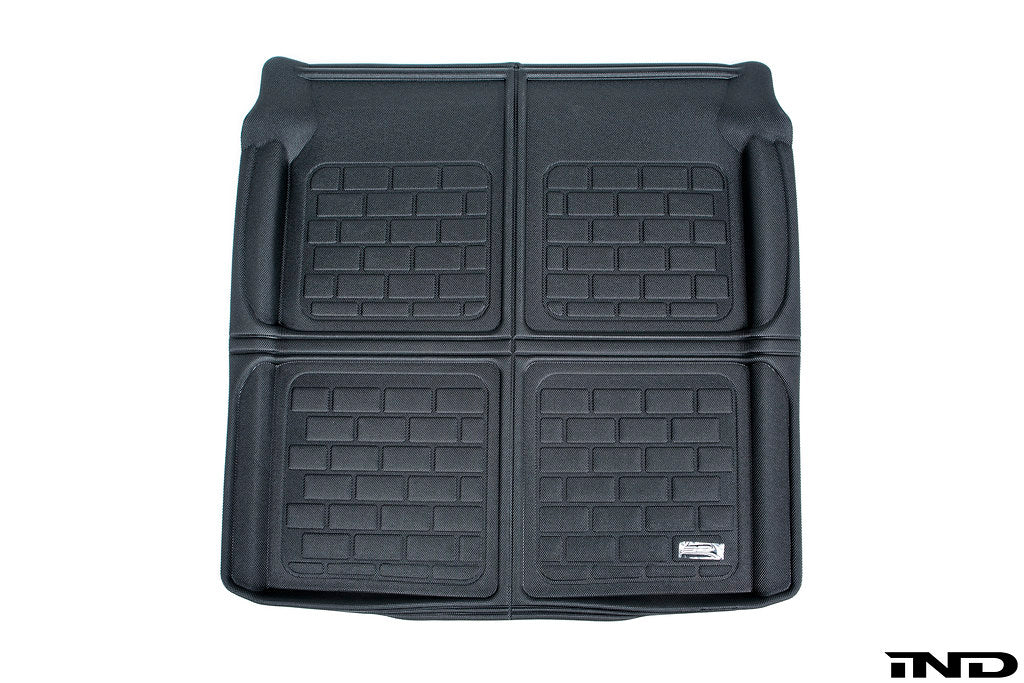3D MAXpider G80 M3 all-weather cargo mat in vehicle interior, showing textured surface and custom fit for car trunk.