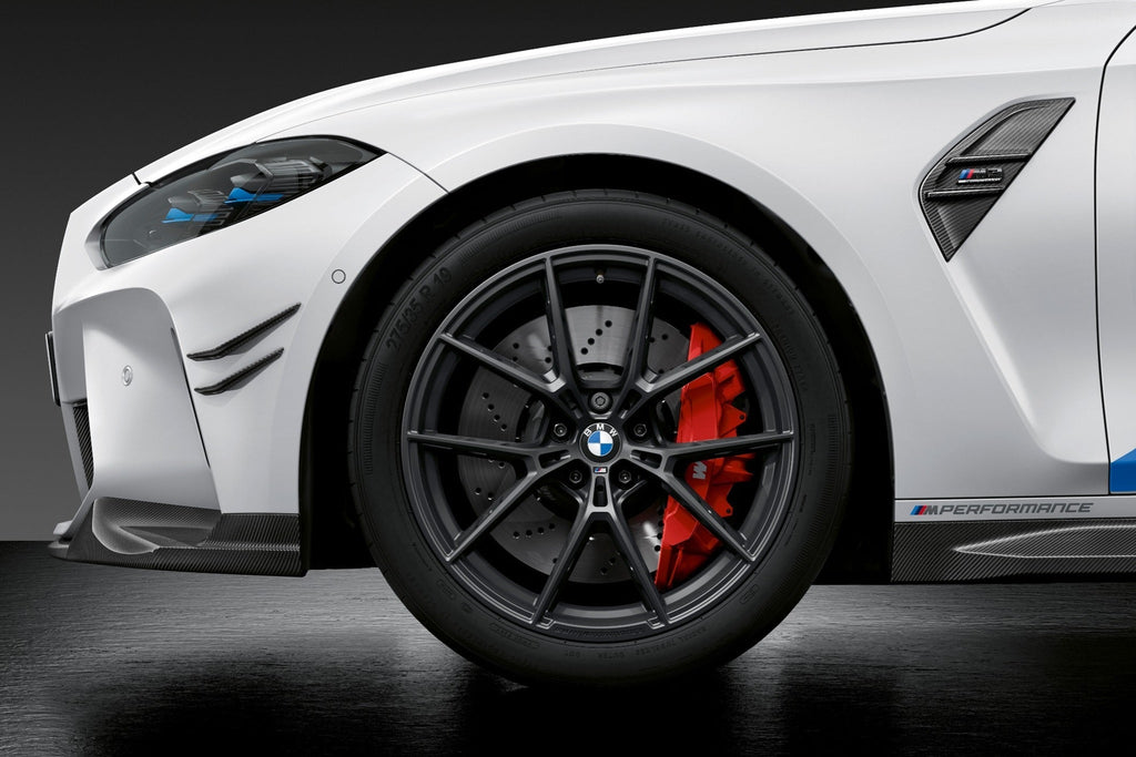 BMW M Performance G8X Style 963M staggered wheel set in frozen gunmetal with 19 and 20-inch wheels on a black BMW M4