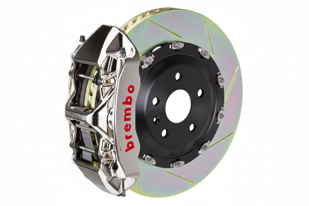 Brembo F85 X5M / F86 X6M GT-R Big Brake Kit with 405x34mm 2-piece front brakes on a BMW E60 M5, featuring six-piston calipers.