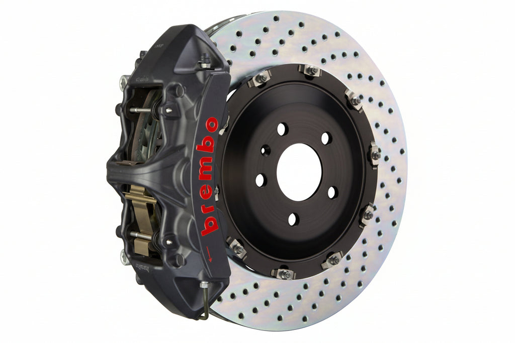 Brembo GT-S big brake kit for BMW F85 X5M and F86 X6M, 405mm drilled rotors with performance calipers on a white background