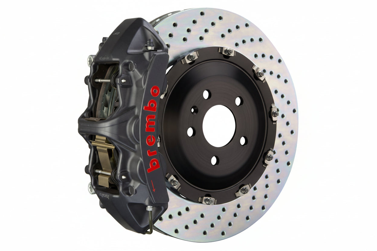 Brembo GT-S big brake kit for BMW F85 X5M and F86 X6M, 405mm drilled rotors with performance calipers on a white background