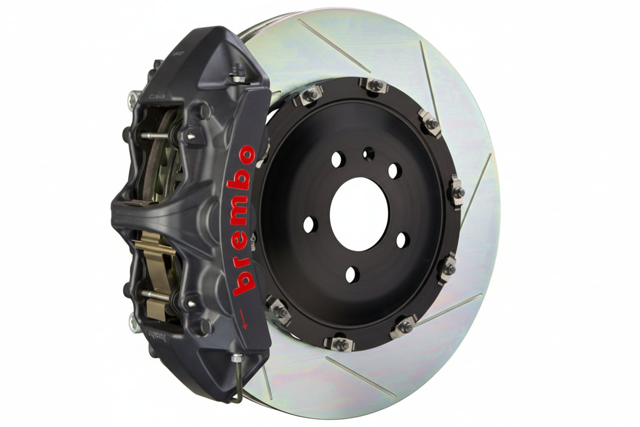 Brembo GT-S big brake kit for BMW F85 X5M and F86 X6M, 405mm Type 1 slotted rotors with performance calipers on a white background
