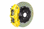 Brembo F85 X5M and F86 X6M GT big brake kit with 405mm drilled two-piece front brakes in yellow for BMW X5M and X6M.