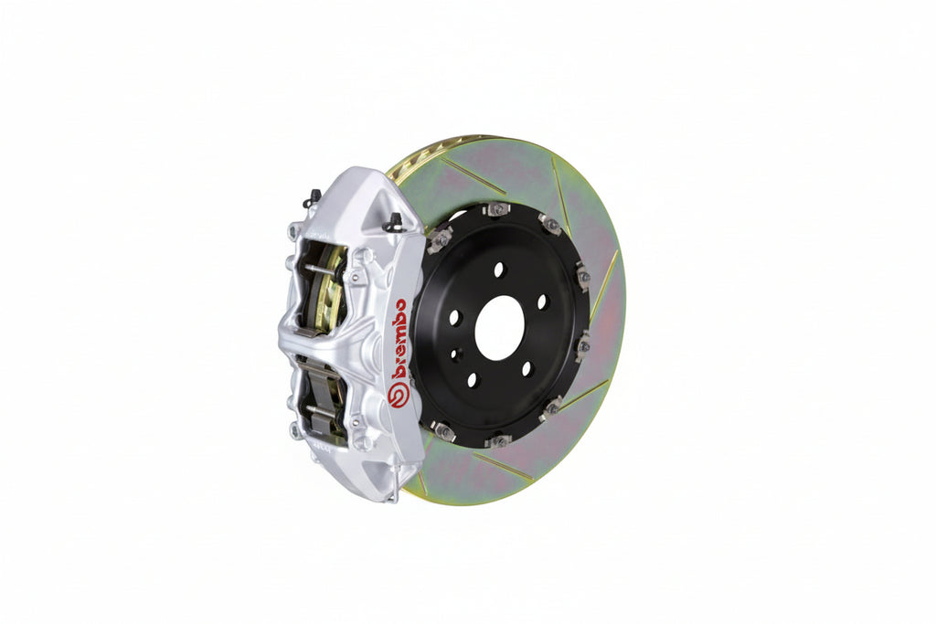 Brembo F85 X5M and F86 X6M GT big brake kit with 405mm slotted grey 2-piece front brakes on a BMW SUV.