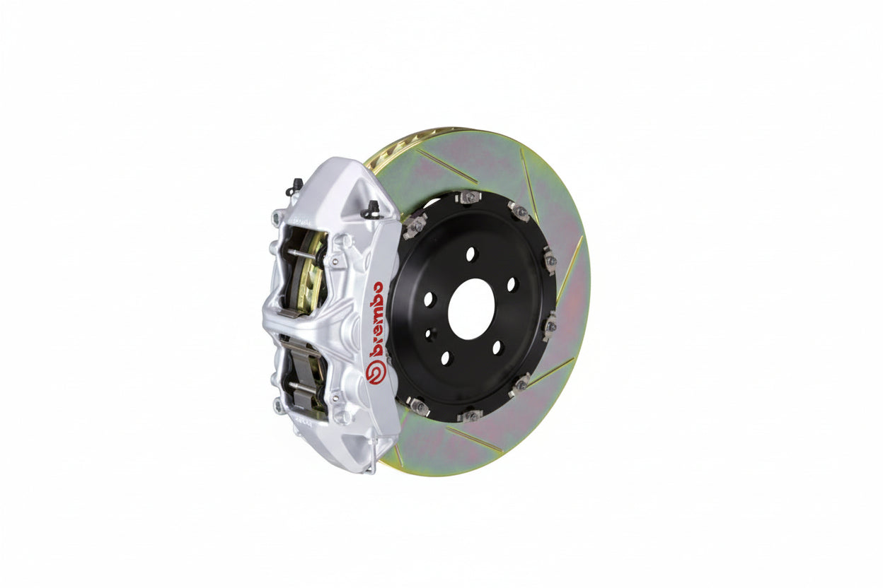Brembo F85 X5M and F86 X6M GT big brake kit with 405mm slotted grey 2-piece front brakes on a BMW SUV.