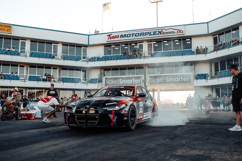 CSF G8X M2/M3/M4 S58 billet air-to-air competition intercooler manifold on a burnout track car.