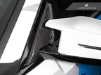 Verus Engineering AutoTecknic G87 M2 dry carbon exterior side mirror wind deflector set on a car.
