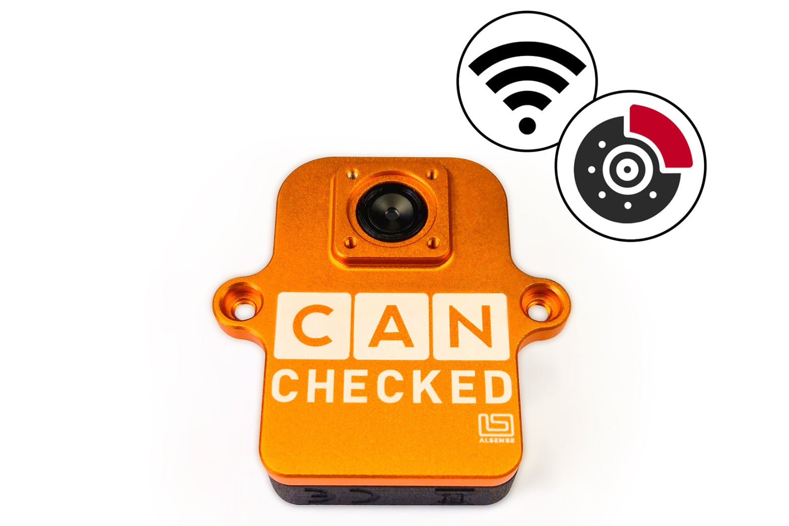 CANchecked BMU01 wireless brake temperature monitor displayed on a white background, designed to provide real-time brake temperature monitoring with a compact single-display interface and wireless sensor communication.
