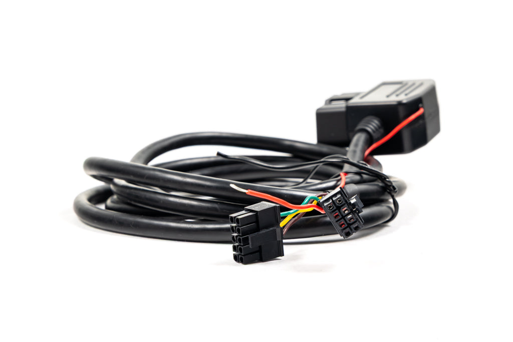CANchecked connection cable for MFD28 Gen2 and MFD32 Gen2 displays with OBD2 connectivity, K-Line support, and included fuse adapter shown on a white background.