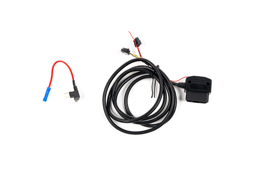 CANchecked connection cable for MFD28 Gen2 and MFD32 Gen2 displays with OBD2 connectivity, K-Line support, and included fuse adapter shown on a white background.
