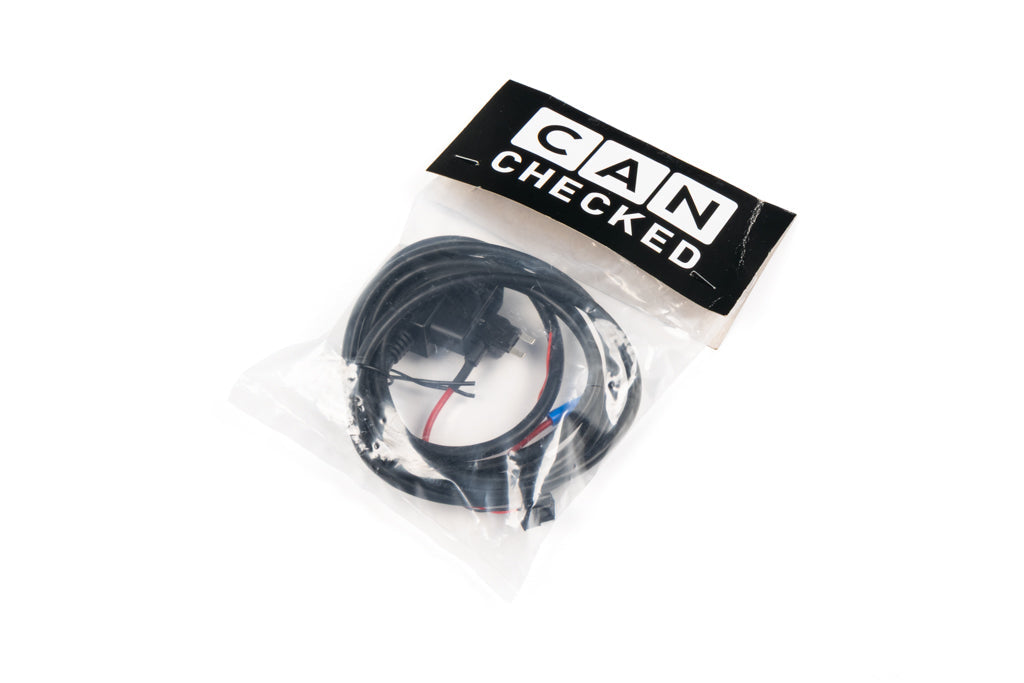 CANchecked connection cable for MFD28 Gen2 and MFD32 Gen2 displays with OBD2 connectivity, K-Line support, and included fuse adapter shown on a white background.