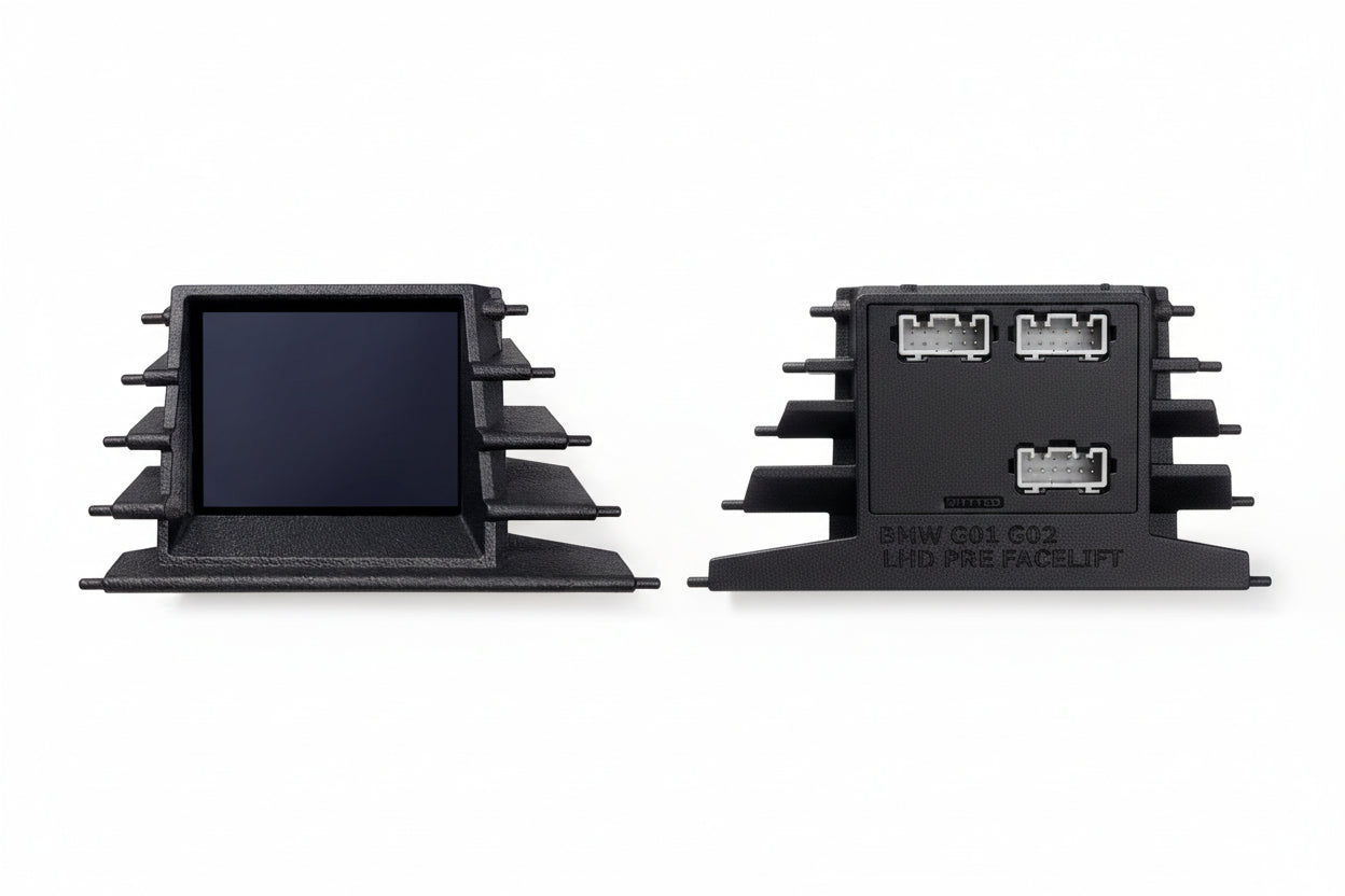 CANchecked F97 X3M and F98 X4M pre-LCI 2.8-inch Gen2 multi-function display inside the vehicle interior on LHD model.