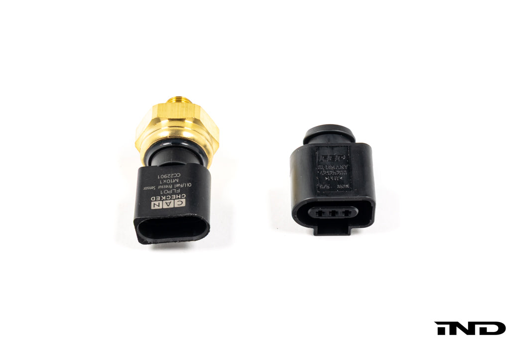 CANchecked FLP01 oil and fuel pressure sensor with M10x1 thread displayed on a white background, designed for monitoring oil, fuel, and water pressure with CANchecked displays and compatible aftermarket engine management systems.