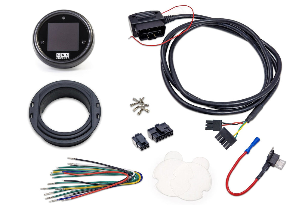 CANchecked MFD15 Gen2 1.5-inch multi-function display for Ford Fiesta MK5, MK6, and MK7 shown on a white background, featuring an OLED display, vehicle-specific fitment, and real-time vehicle data monitoring.