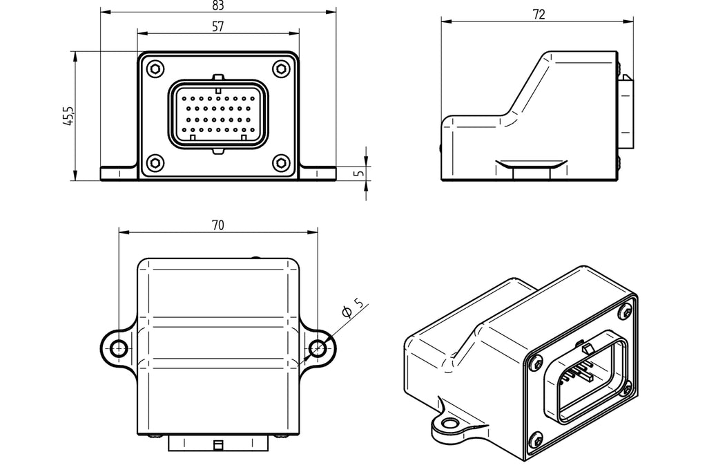 Technical drawing of an electronic connector with dimensions
