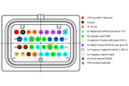 CANchecked MCE18 Multifunction CAN Bus Extension pinout diagram showing connector layout, power inputs, analog inputs, digital inputs, digital outputs, frequency inputs, CAN bus communication terminals, sensor grounds, and optional USB breakout connections.