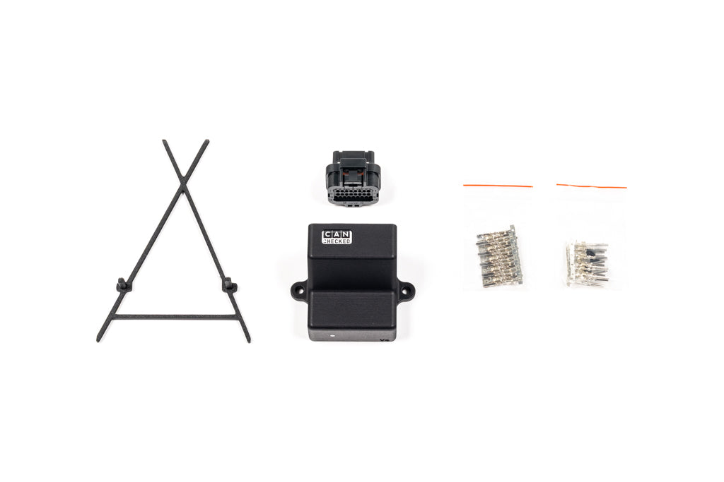CANchecked MCE18 Multifunction CAN Bus Extension module displayed on a white background, providing CAN bus expansion with analog inputs, digital inputs, digital outputs, frequency inputs, and auxiliary control functions for advanced vehicle integration and data acquisition.