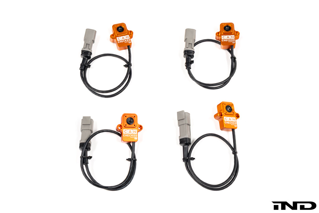 CANchecked TMC04 Tire Temperature Monitoring Set with four infrared tire temperature sensors, cables, and CAN bus connectivity displayed on a white background.