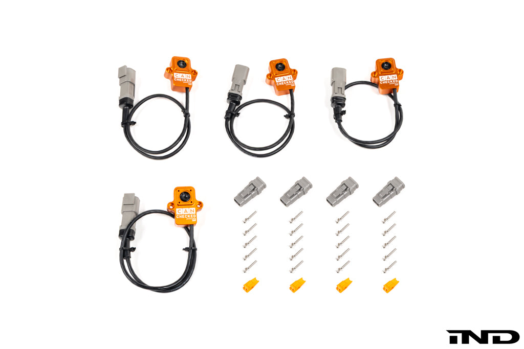 CANchecked TMC04 Tire Temperature Monitoring Set with four infrared tire temperature sensors, cables, and CAN bus connectivity displayed on a white background.