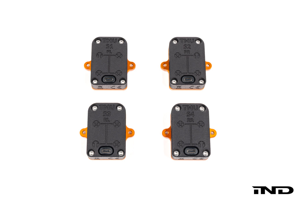 CANchecked TMU04 Wireless Tire Temperature Monitoring Set with four infrared temperature sensors and CAN bus receiver module displayed on a white background.