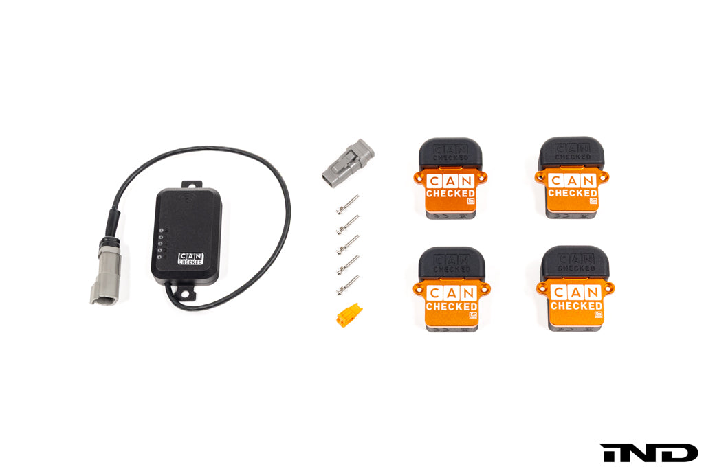 CANchecked TMU04 Wireless Tire Temperature Monitoring Set with four infrared temperature sensors and CAN bus receiver module displayed on a white background.