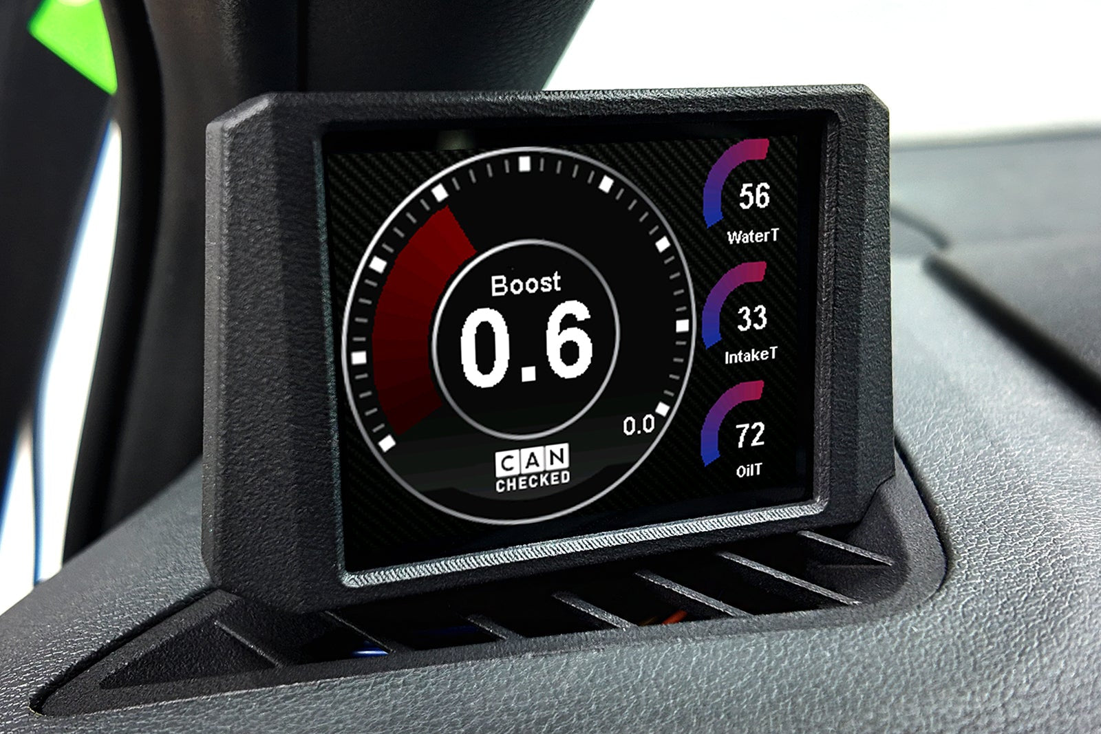 CANchecked MFD28 Gen2 2.8-inch multi-function display installed in a Toyota Corolla E210 interior, providing touchscreen control, real-time vehicle diagnostics, performance monitoring, and advanced CAN bus data integration through an OEM-style installation.