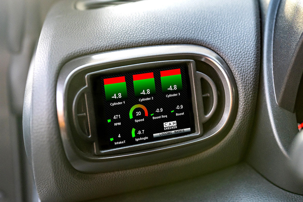 CANchecked MFD32 Gen2 3.2-inch multi-function display installed in a left-hand drive Toyota XP210 Yaris with standalone ECU integration, displaying real-time engine and vehicle data.