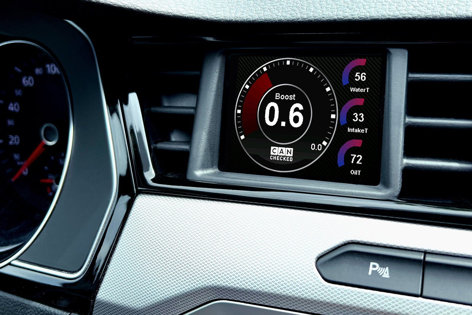 CANchecked MFD32 Gen2 3.2-inch multi-function display installed in a left-hand drive Volkswagen B8 Passat, displaying real-time engine and vehicle data with OEM-style fitment.