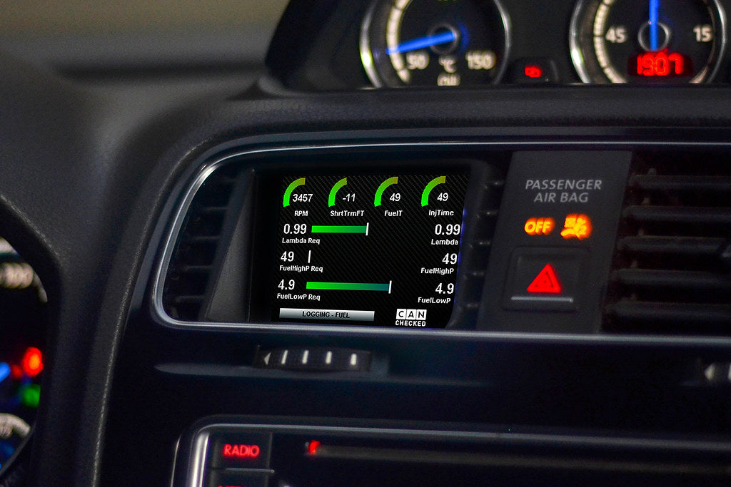 CANchecked MFD28 Gen2 2.8-inch multi-function display installed in a left-hand drive Volkswagen MK3 Scirocco Facelift, displaying real-time engine and vehicle data with OEM-style dashboard fitment.