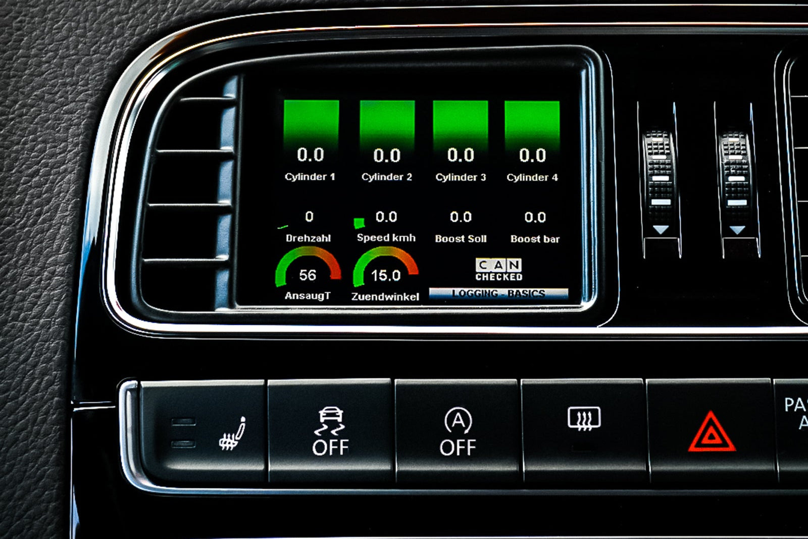 CANchecked MFD32 Gen2 3.2-inch multi-function display installed in a left-hand drive Volkswagen MK5 Polo GTI, displaying real-time engine and vehicle data with OEM-style dashboard fitment.