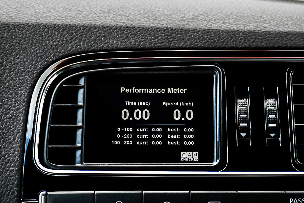 CANchecked MFD32 Gen2 3.2-inch multi-function display installed in a left-hand drive Volkswagen MK5 Polo, displaying real-time engine and vehicle data with OEM-style dashboard fitment.