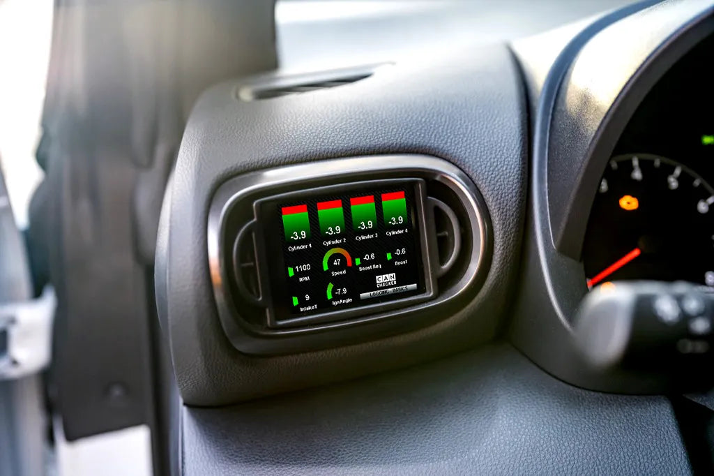 Toyota XP210 Yaris pre-facelift multi-function display by CANchecked, 3.2-inch Gen2 interior LCD screen, LHD model.