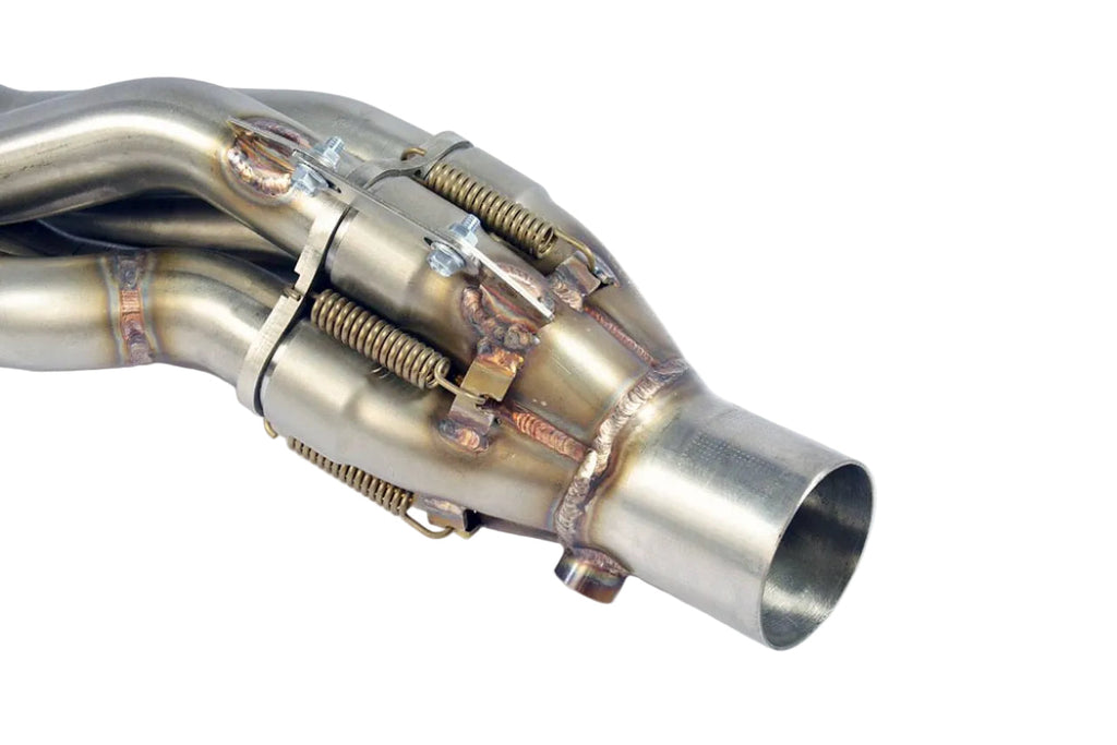 Supersprint stainless exhaust manifold set for BMW E6X M5/M6, shown with LHD and RHD versions, detailed metal construction.