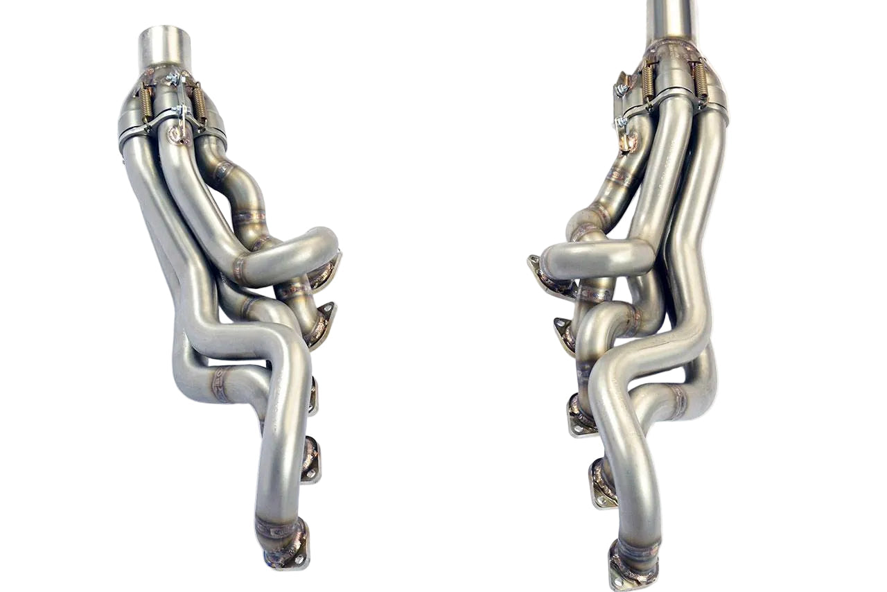 Supersprint stainless exhaust manifold set for BMW E6X M5 and M6, showing the polished metal components and flange details.