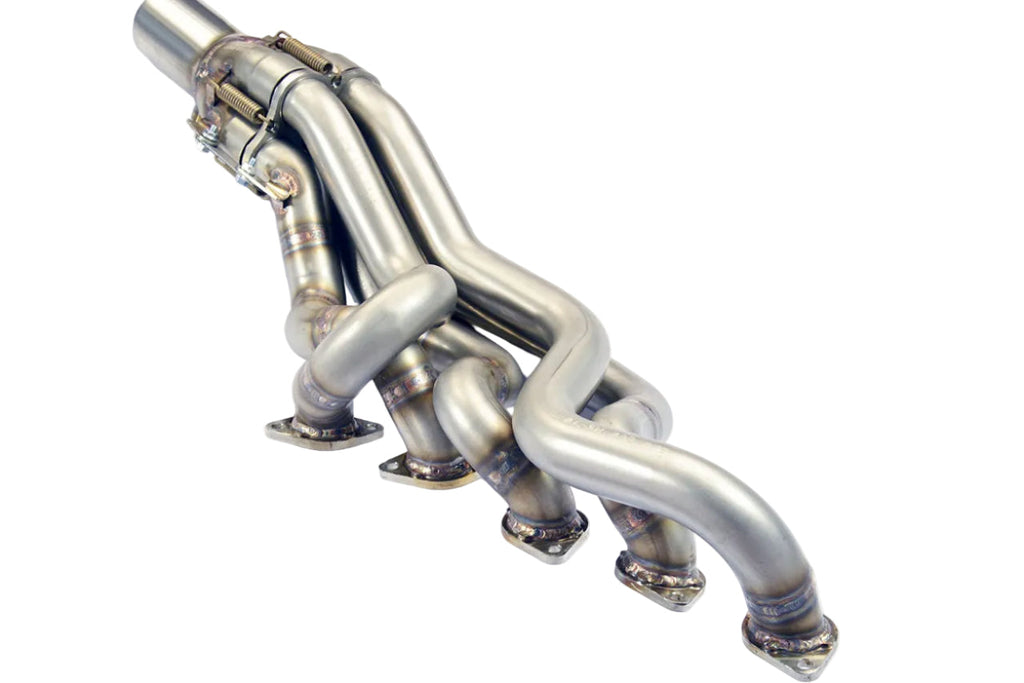 Supersprint stainless exhaust manifold set for BMW E6X M5 and M6, shown in a close-up view of the LHD and RHD models.