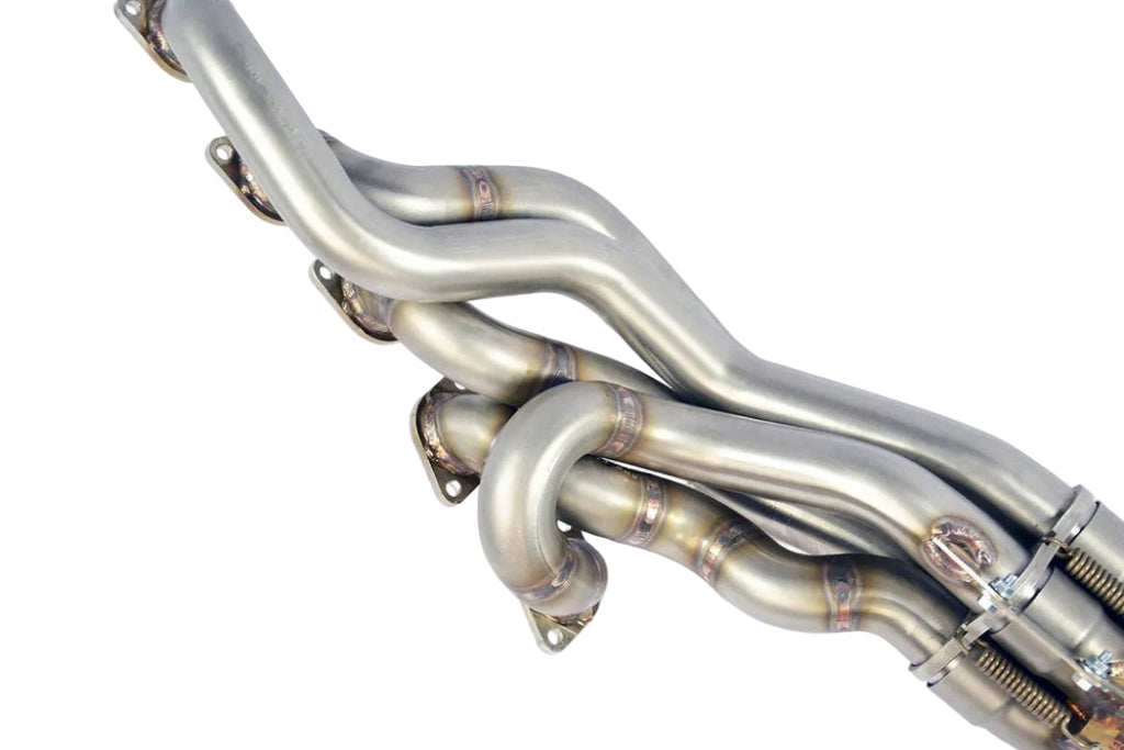 Supersprint stainless exhaust manifold set for BMW E6X M5 and M6, shown in natural view with LHD and RHD options.