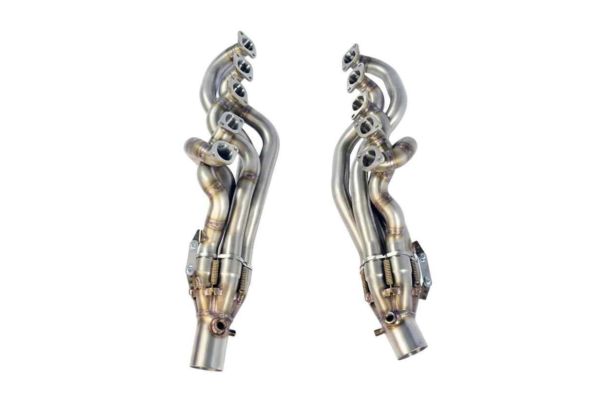 Supersprint stainless steel exhaust manifold set for BMW E6X M5 and M6, showing both LHD and RHD configurations.