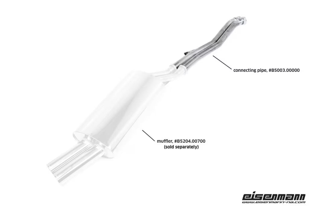 Eisenmann stainless steel rear connecting pipes for BMW E30 3-Series exhaust system, showing polished metal and connection points.