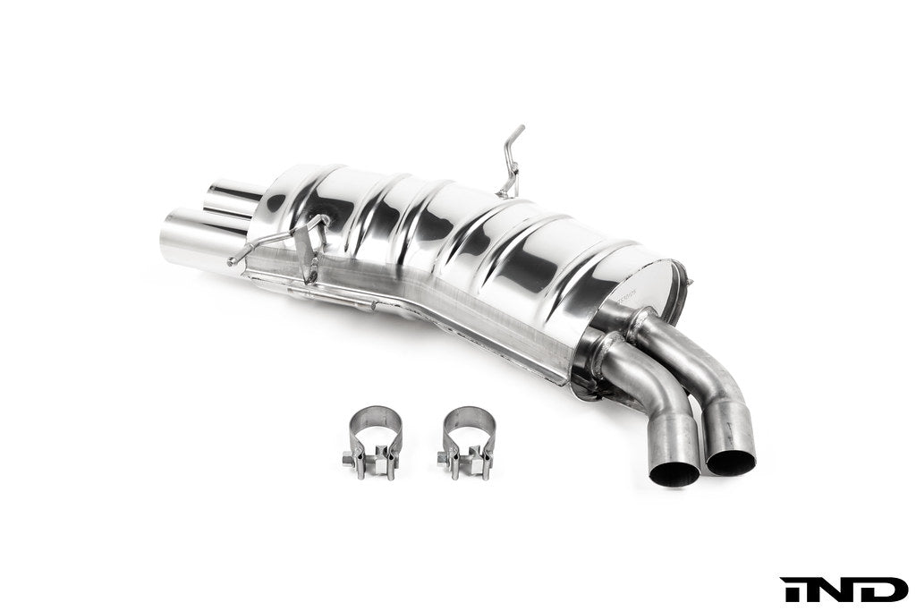 Eisenmann Performance Exhaust for BMW E46 320i, 325i, and 330i shown on a white background featuring premium stainless steel construction and signature Eisenmann exhaust tips.