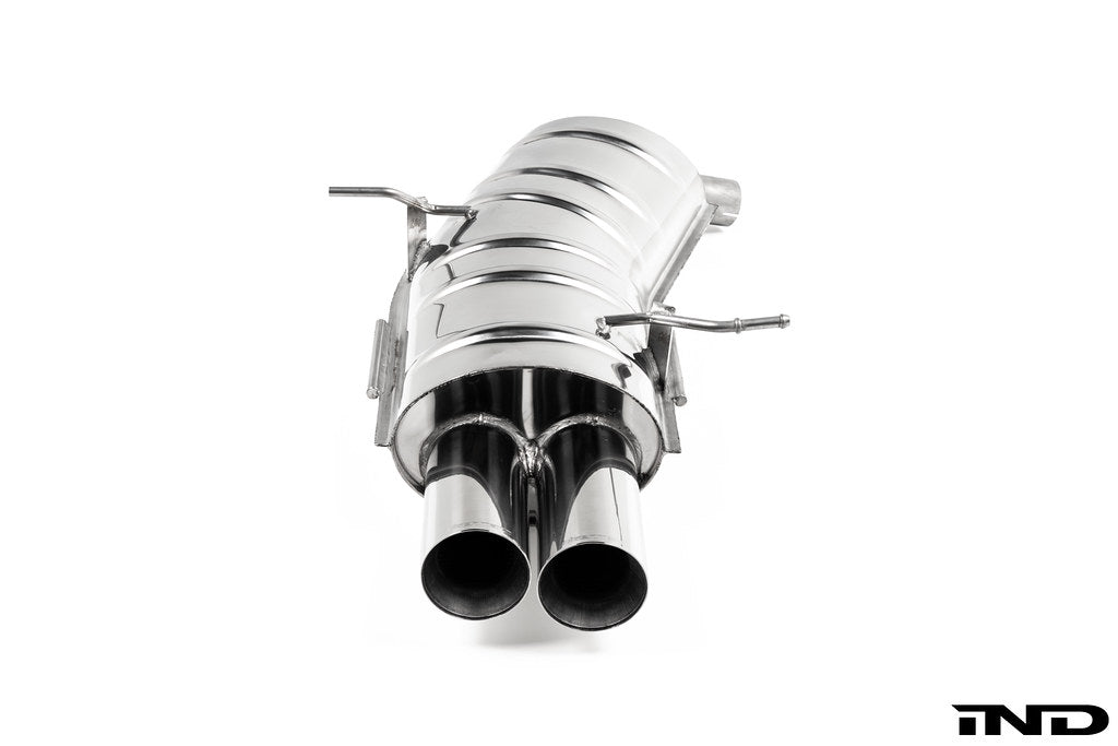 Eisenmann Performance Exhaust for BMW E46 320i, 325i, and 330i shown on a white background featuring premium stainless steel construction and signature Eisenmann exhaust tips.