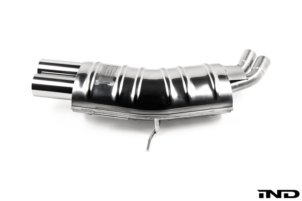 Eisenmann Performance Exhaust for BMW E46 320i, 325i, and 330i shown on a white background featuring premium stainless steel construction and signature Eisenmann exhaust tips.