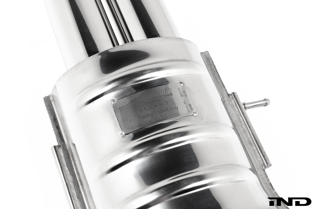 Eisenmann Performance Exhaust for BMW E46 320i, 325i, and 330i shown on a white background featuring premium stainless steel construction and signature Eisenmann exhaust tips.
