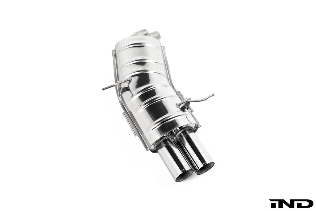 Eisenmann Performance Exhaust for BMW E46 320i, 325i, and 330i shown on a white background featuring premium stainless steel construction and signature Eisenmann exhaust tips.