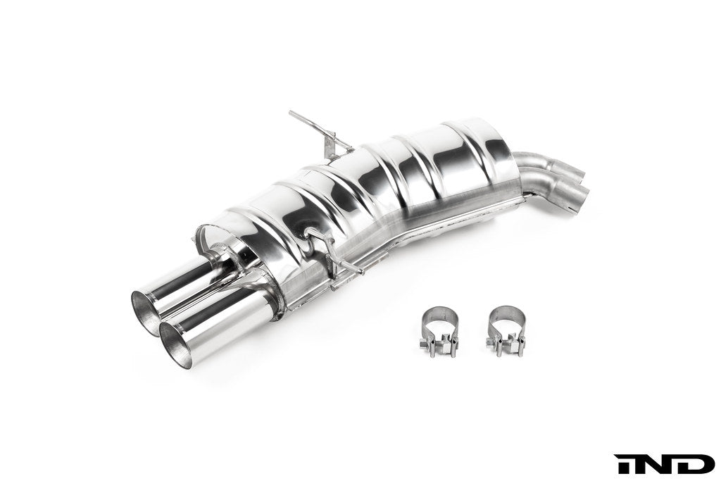 Eisenmann Performance Exhaust for BMW E46 320i, 325i, and 330i shown on a white background featuring premium stainless steel construction and signature Eisenmann exhaust tips.