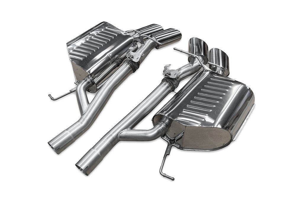 Eisenmann valved performance exhaust system for BMW E60 M5 with stainless steel construction and center X-pipe shown on a white background
