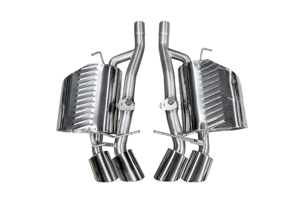 Eisenmann valved performance exhaust system for BMW E60 M5 with stainless steel construction and center X-pipe shown on a white background