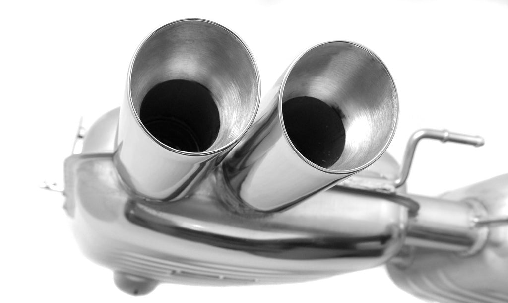 Eisenmann E90 M3 performance exhaust system with polished metal pipes and twin exhaust tips, showcasing high-performance automotive exhaust parts.